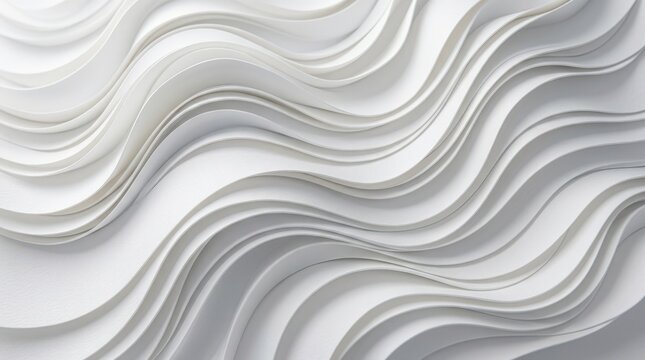 Flowing white layered surface resembling rippled fabric, paper or carved plaster, minimalist abstract texture, high-key studio lighting, pearl white and pale silver palette, soft shadows between