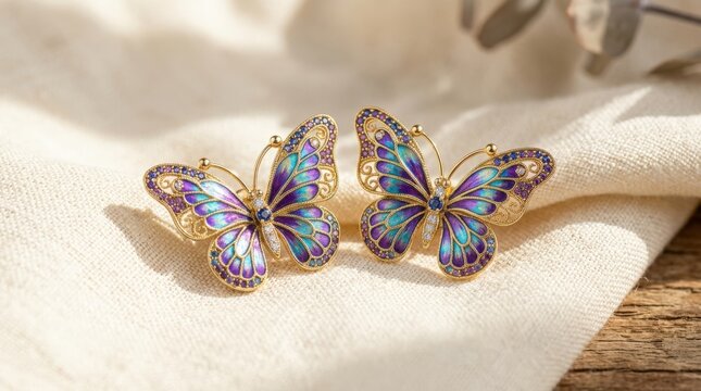 Pair of ornate butterfly-shaped earrings with iridescent purple, blue and gold wings resting on warm cream fabric, luxury jewelry macro photography, sharp sunlight and soft shadow, whimsical nature