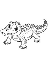 Fototapeta premium Cute baby crocodile with textured scales and a friendly smile, black and white vector coloring page for kids, toddler activities, and laser engraving.