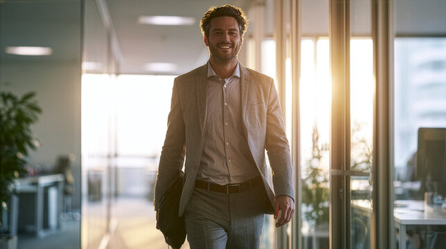 business professional returning to work refreshed after a healthy break, bright modern office