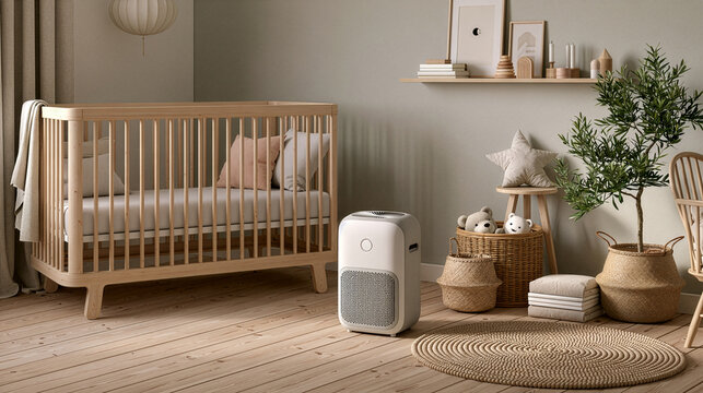 beautiful baby nursery with premium air purifier beside the crib, soft morning light, clean neutral interior, peaceful healthy environment, Scandinavian nursery design
