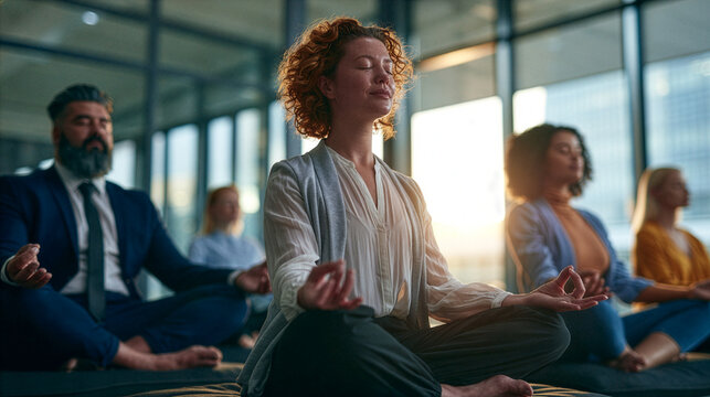 diverse business team practicing a short guided mindfulness session together in a bright modern office before starting the workday