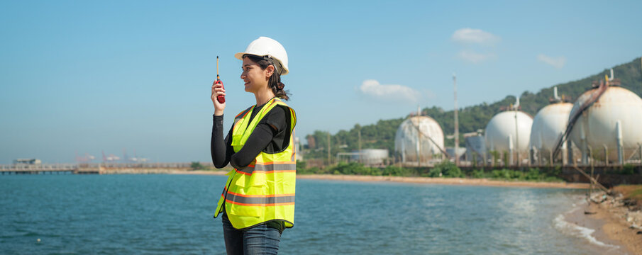 Woman engineer working and inspection gas pipeline system new construction project of industrial.