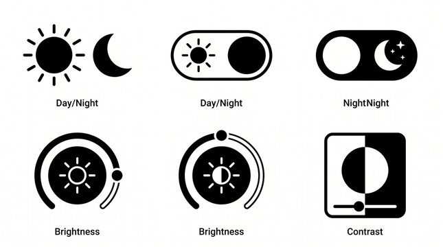 Sun and moon vector icons day and night symbol set dark and light mode screen brightness and contrast level symbols for app interface and web elements .vector