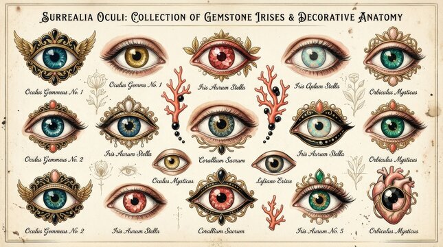 Surreal collection of isolated eyes, gemstone-like irises and jewel forms arranged on a cream background, detailed editorial illustration, gold, teal, coral, black and blush palette, anatomical