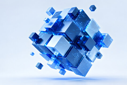 Abstract 3D cube cluster with glowing blue light representing data technology and complex systems isolated on a light background