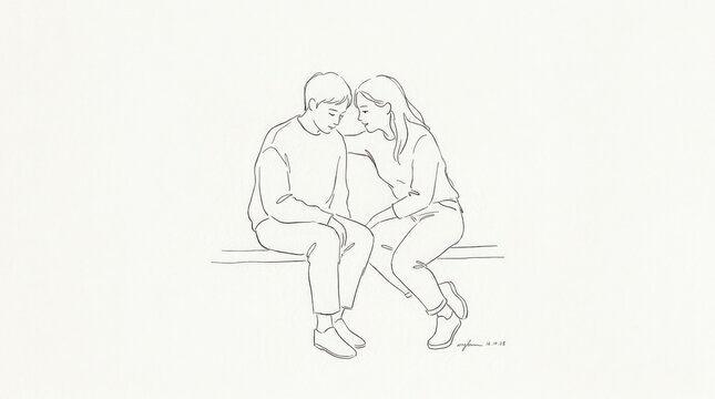 Minimal ink drawing of two people sitting close together, delicate black outlines on white, intimate conversational pose, friendship, family and emotional connection concept, understated contemporary