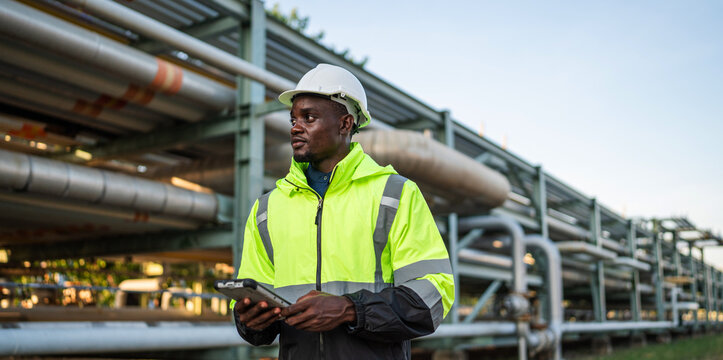 Young mechanical engineer holding blueprint drawing to checking and inspection gas pipeline system new construction project of industrial.
