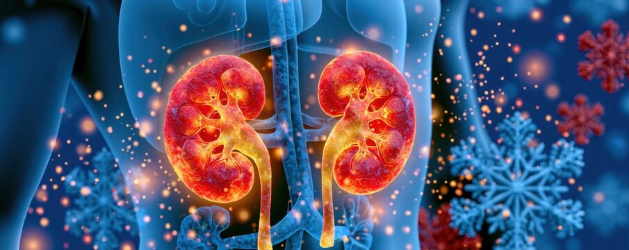 Glowing red kidneys with ureters inside a human torso