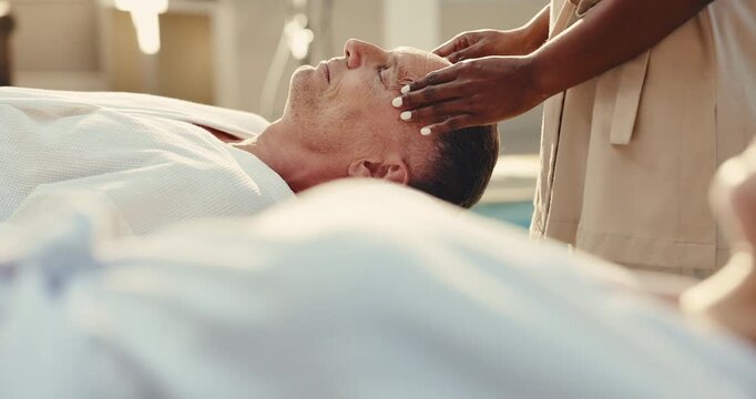 Spa, couple and man with facial, massage and relax for stress relief, romantic getaway and calm. Hospitality, resort and mature people with masseuse for treatment, pamper and wellness for anniversary