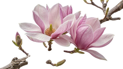 Delicate pink magnolia flowers and buds on branches, isolated on transparent background © Mihai