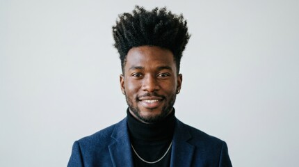Obraz premium Young dark-skinned man with a high natural hairstyle looking directly into camera, clean studio portrait, pale neutral background, soft frontal daylight, realistic skin texture, centered symmetrical