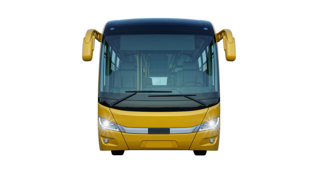 Yellow luxury tour bus with black roof and tinted windows, isolated on transparent background