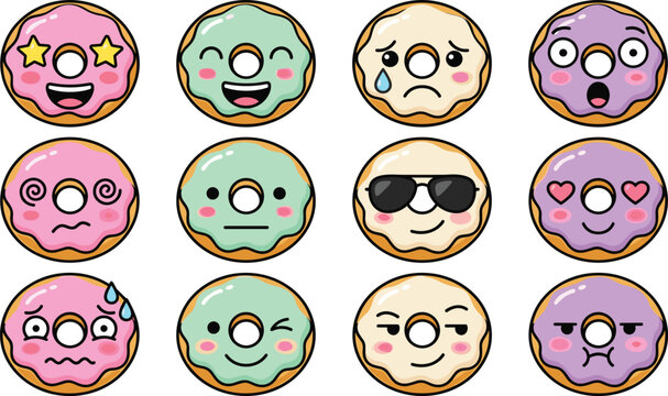 Cute Donut Emoji Face Collection with Colorful Icing and Funny Emotional Expressions for Stickers, Social Media, Bakery Branding, and Digital Designs