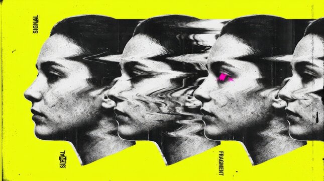 Distorted grayscale human profile repeated through horizontal wave-like glitches against a saturated acid-yellow background, experimental editorial graphic art, charcoal grain, small hot-pink accent,