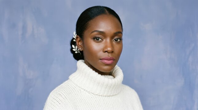 Dark-skinned woman facing forward in a thick white turtleneck against a muted periwinkle-blue background, sophisticated editorial portrait, sleek pulled-back hair, minimal jewelry-like botanical