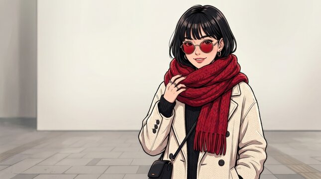 Anime-style young woman wearing round red sunglasses, cream coat and oversized red scarf, dark bob haircut against a soft neutral background, polished digital illustration, crisp expressive linework,