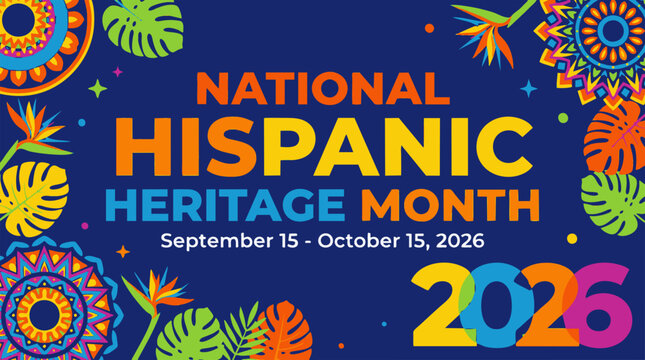 National Hispanic Heritage Month 2026 banner, vibrant Latin American cultural celebration vector with tropical leaves and mandala patterns