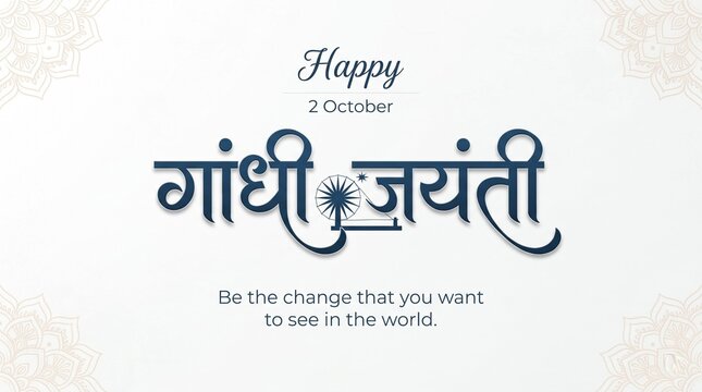 Happy Gandhi Jayanti banner design with Hindi calligraphy text and charkha illustration