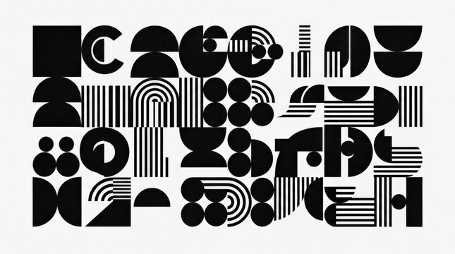 Abstract modular composition of black circles, semicircles and striped rectangles assembled like typographic blocks, Bauhaus-inspired graphic design, stark monochrome palette, clean white background