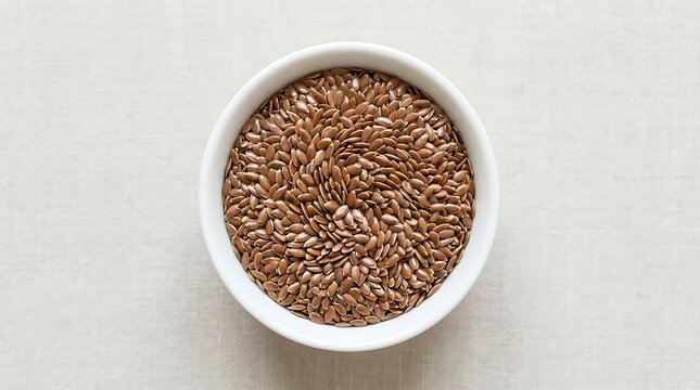 Small white bowl filled with raw brown flax seeds for healthy nutrition and cooking ingredients top down view
