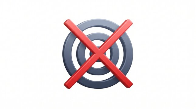 Three Dimensional Target Symbol with Red Cross Mark Representing Business Failure Missed Goals and Rejected Objectives on White Background