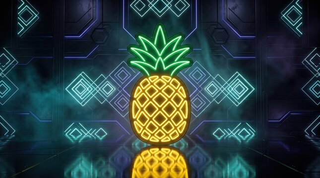 Neon pineapple glowing sign on geometric background, tropical fruit neon light in futuristic room, vibrant yellow and green pineapple led display