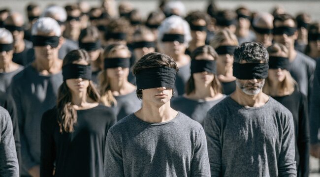 Group of blindfolded people standing in unity