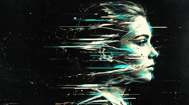 Fragmented human profile emerging from black with horizontal glitch streaks in cream, cyan and muted gold, experimental digital art, scanline distortion, broken silhouette, high contrast and