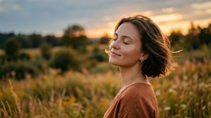 Obraz premium Short-haired young woman turning her face toward warm evening sun with eyes closed, cinematic outdoor beauty portrait, smooth natural skin, muted blue-gray sky and amber highlights, soft breeze in