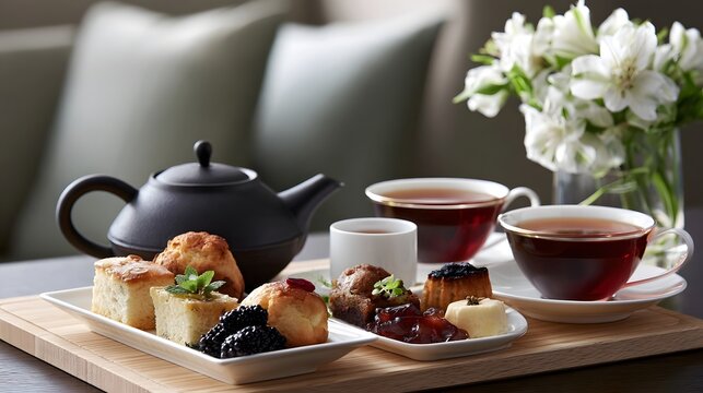 An elegant afternoon tea setup featuring a black teapot  cups of tea  assorted pastries  and a vase of white flowers on a wooden tray