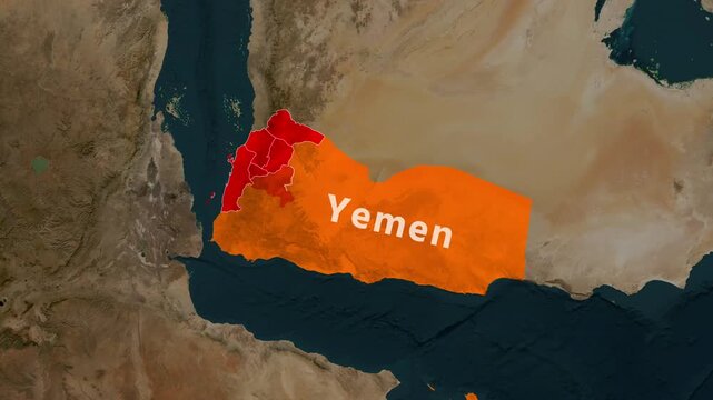 Yemen geographic map animation showing highlighted regions in digital motion footage