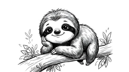 Fototapeta premium Cute little sloth hanging on a tree branch drawing black and white pencil sketch illustration for kids room decor