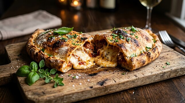 Delicious baked savory calzone pizza stuffed with melted cheese and fresh herbs served on a rustic wooden board