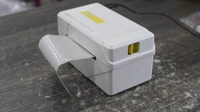 A white thermal label printer printing customized barcode stickers or shipping labels on a dark wooden table background. Concept for e-commerce, online shopping, logistics, and small business packagin