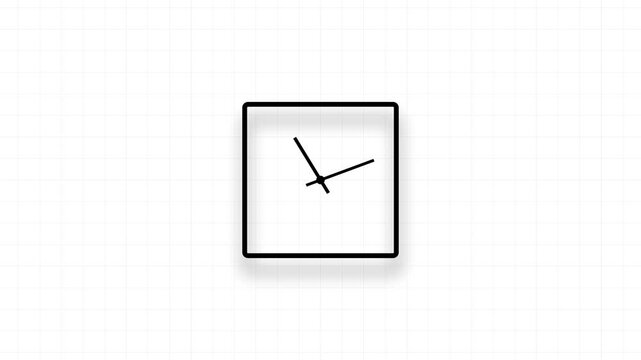 Black Square clock spinning animation on white grid background. Rectangle clock timer animation. 12 hours time lapse concept.