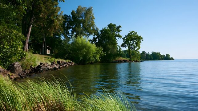 A serene lakeside scene with lush green trees  calm water  and a rocky shoreline under a clear blue sky