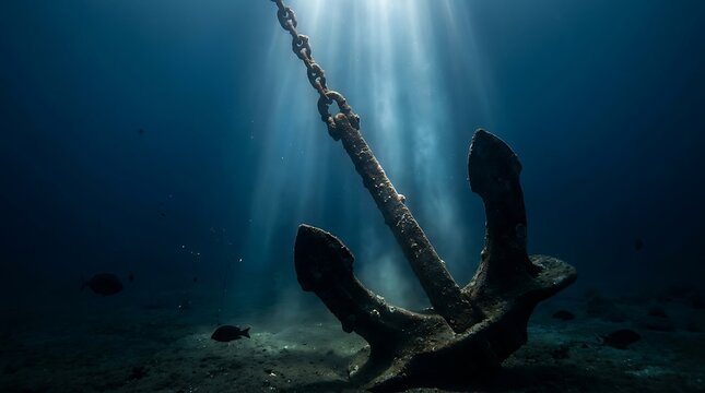 Old rusty metal anchor resting on the sandy ocean floor with light rays shining through the deep dark blue water