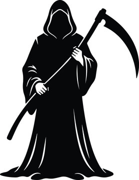 Black silhouette of menacing Grim Reaper holding long scythe with hooded robe vector graphic design illustration element isolated on white
