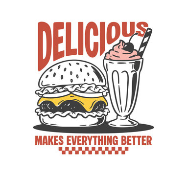 Hand drawn burger and milkshake illustration in a vintage retro style for food branding, diner posters, stickers, and apparel designs