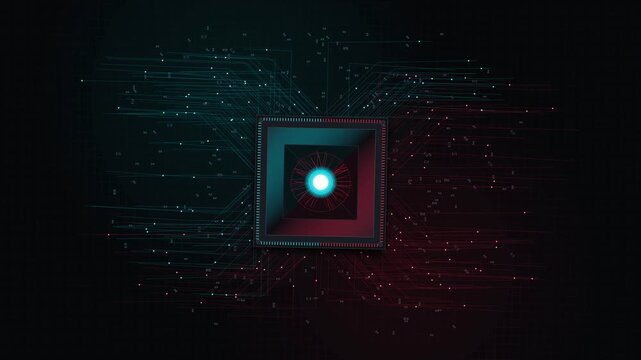 Futuristic AI microprocessor connecting data streams across a dark circuit board, symbolizing innovation and computing
