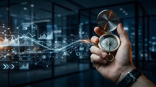Strategic Business Navigation Concept with Compass and Digital Financial Data Analytics Charts