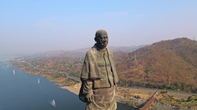 Aerial footage of the Statue of Unity, which stands at 182 meters, depicts the statue of Sardar Vallabhbhai Patel, India's first home minister, near the Narmada River.