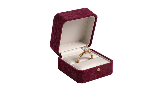 Velvet ring box with diamond engagement ring, isolated on transparent background