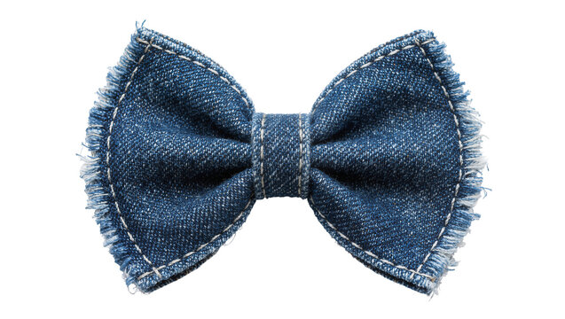 Blue denim bow tie with frayed edges stitched details, isolated on transparent background