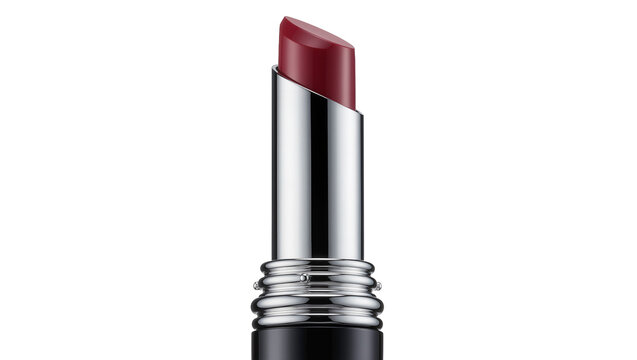 Deep red lipstick with silver metallic casing, isolated on transparent background