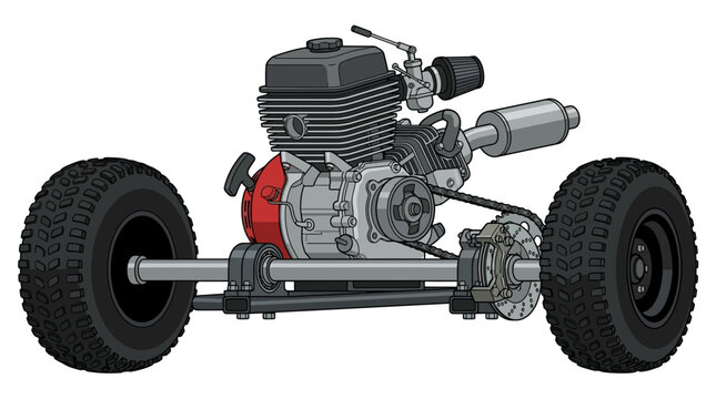 Detailed vector illustration of a go-kart rear axle assembly featuring a single-cylinder gasoline engine, chain drive system, mechanical disc brakes, and rugged off-road tires.