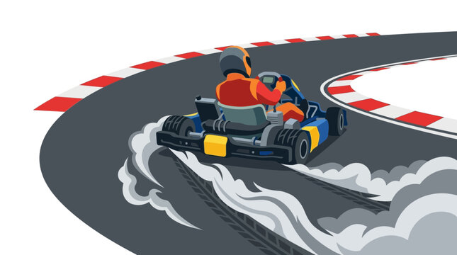 Rear view of a professional go-kart racer drifting around a sharp curve on an asphalt racing track with smoke trailing from tires and tire marks visible on the pavement.