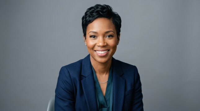 Friendly professional woman with short black hair wearing a navy blazer against a clean gray background, polished corporate headshot photography, natural smile, soft even studio light, realistic skin