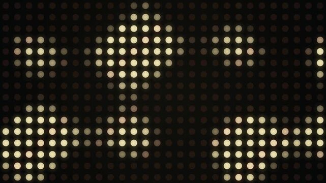 A grid of small gold LED lights on a black background. The circular bulbs illuminate in patterns to form words or shapes. Ideal for abstract backgrounds, presentations, or digital overlays.
